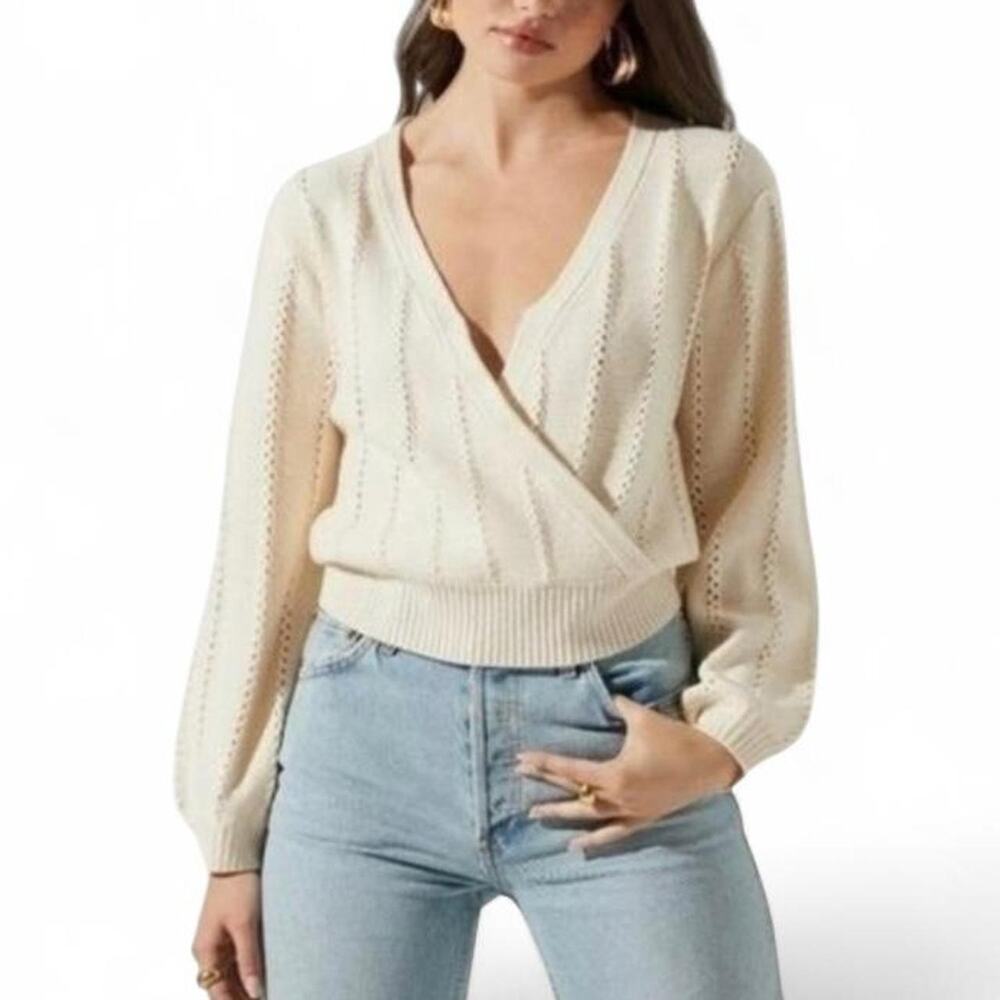 ASTR Wool Cream Pointelle Knit V-neck Wrap Sweater Size M